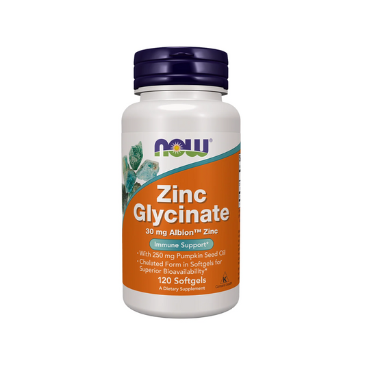 NOW Zinc Glycinate 30mg 120 softgels with Albion chelated zinc and pumpkin seed oil for immune and skin support