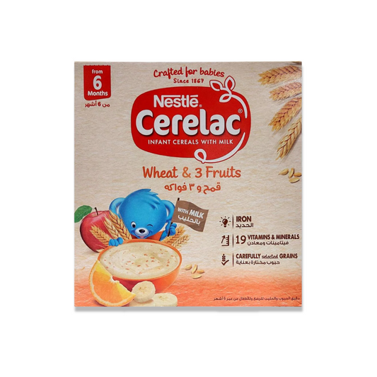 Nestlé Cerelac Wheat & 3 Fruits infant cereal with milk 400g for babies from 6 months, fortified with Iron and 19 vitamins and minerals.
