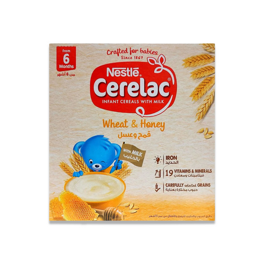 Nestlé Cerelac Wheat & Honey infant cereal with milk 400g for babies from 6 months, fortified with Iron and 19 vitamins and minerals.