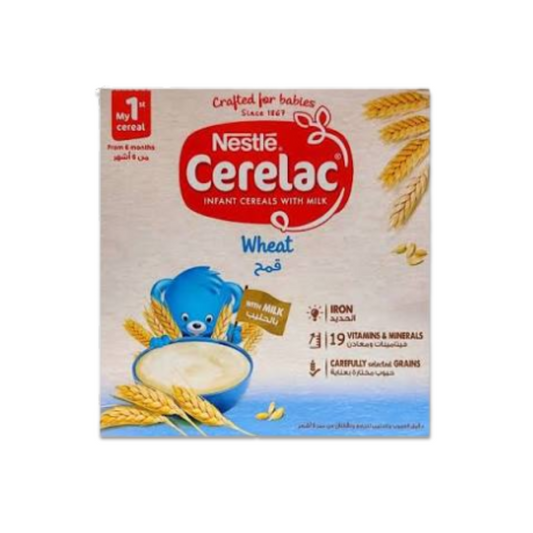 Nestlé Cerelac Wheat infant cereal with milk 400g for babies from 6 months, fortified with Iron and 19 vitamins and minerals for healthy growth.