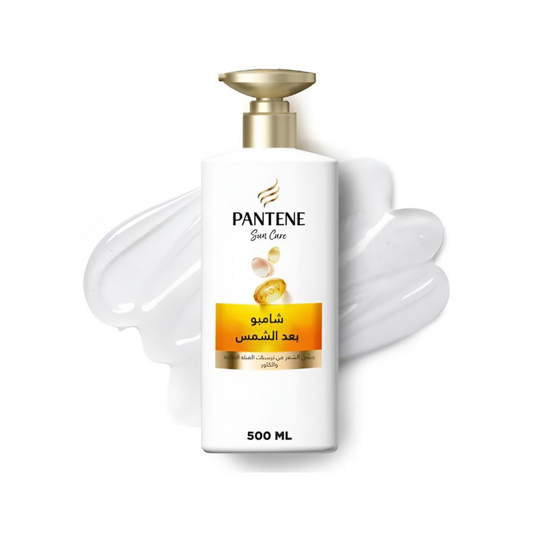 Pantene Sun Care After Sun Shampoo 500ml bottle with Pro-V formula for cleansing and repairing hair exposed to sun, chlorine, and saltwater.