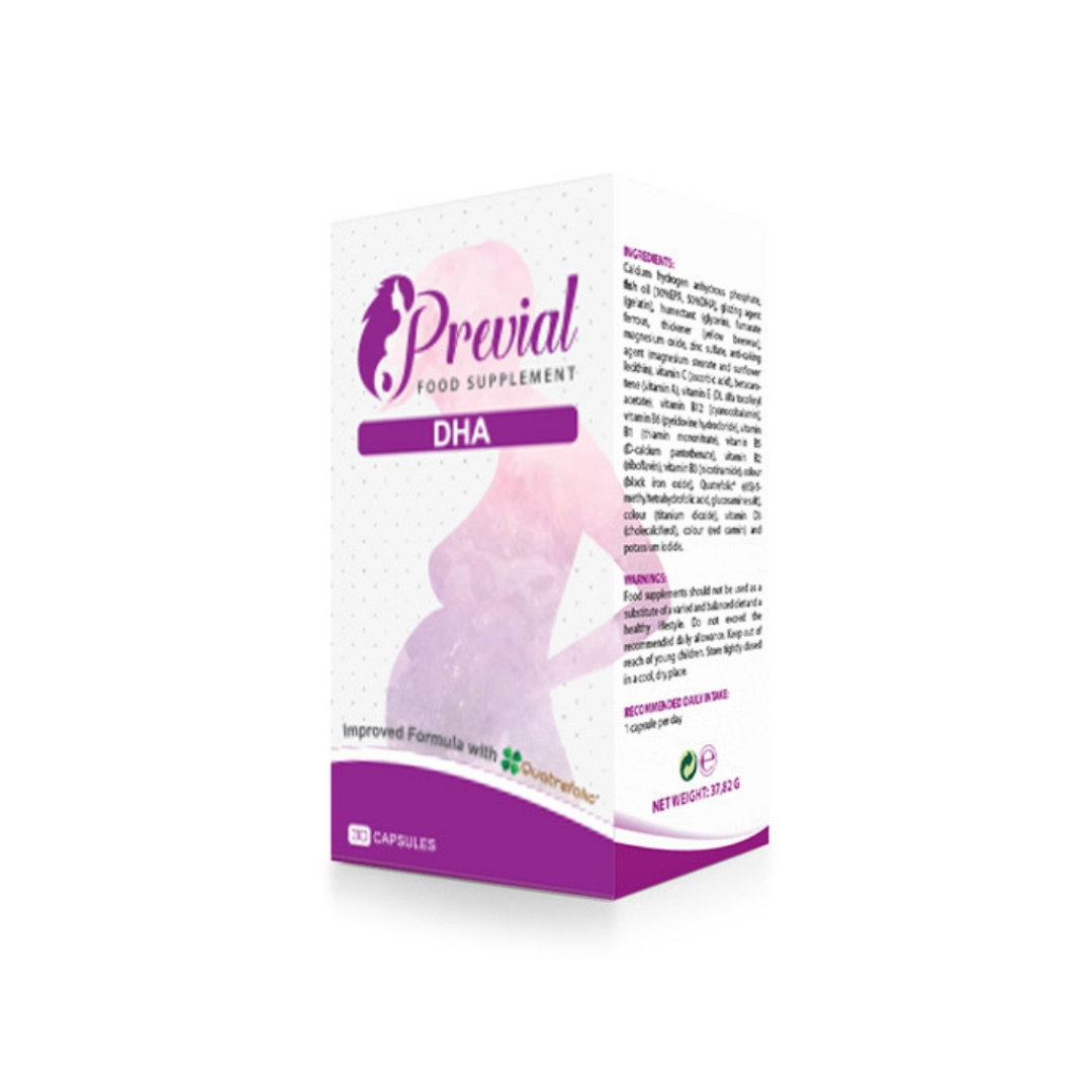 Previal DHA prenatal food supplement with DHA Omega-3, vitamins and minerals for pregnancy and breastfeeding, 30 capsules.
