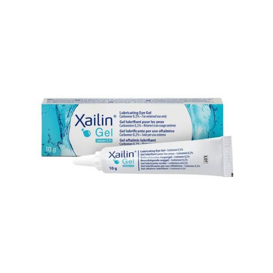 Xailin Gel 10g lubricating eye gel containing Carbomer 0.2% for long-lasting relief of dry, irritated, and uncomfortable eyes.