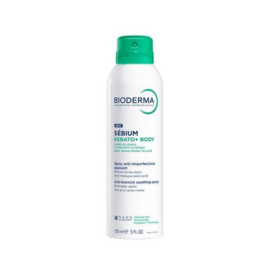 Bioderma Sebium Kerato+Body spray bottle on a white background