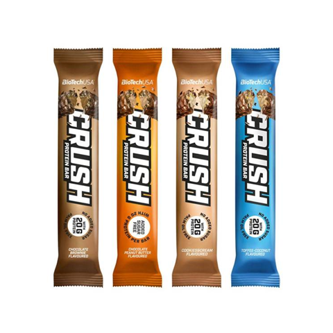 Four protein bars from BiotechUSA with different flavors on a white background