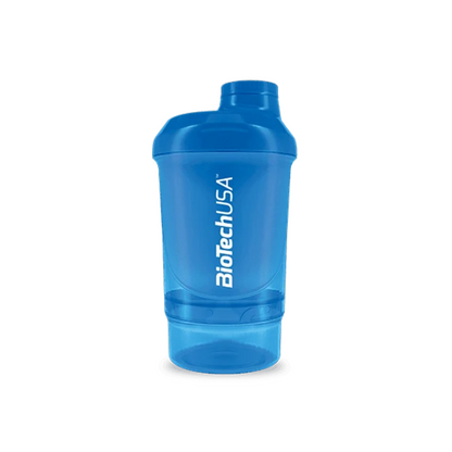 A translucent blue shaker bottle with a matching lid, featuring the white vertical text 'BioTechUSA' on the front, set against a plain white background.