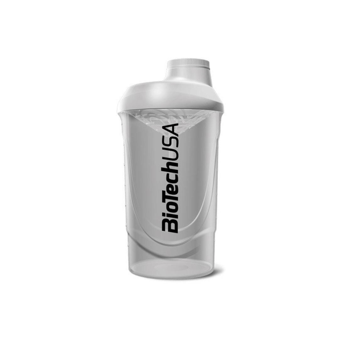 A clear plastic shaker bottle with a white lid, featuring the BioTechUSA logo printed vertically in black on the front, set against a plain white background.