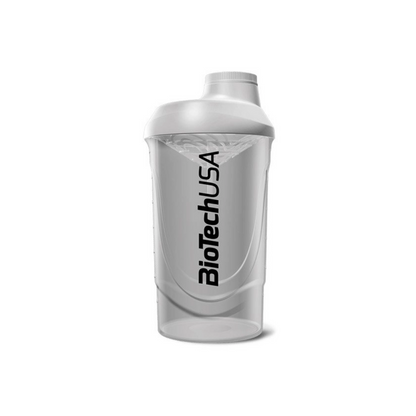 A clear plastic shaker bottle with a white lid, featuring the BioTechUSA logo printed vertically in black on the front, set against a plain white background.