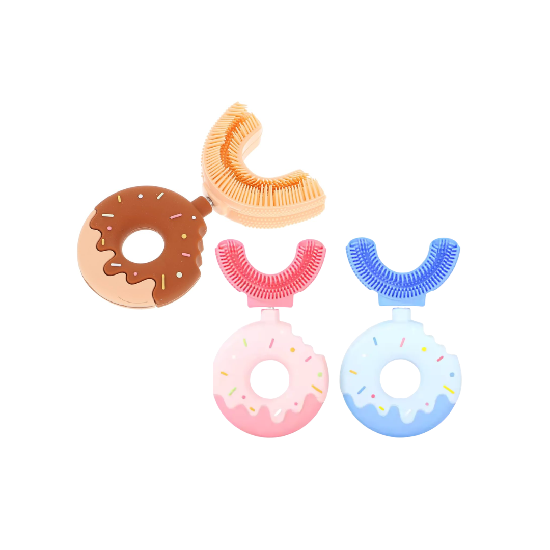 Set of colorful donut-shaped teethers on a white background