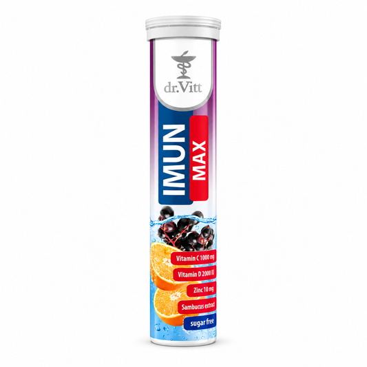 A tall cylindrical tube of Dr. Vitt IMUN MAX sugar-free vitamins, featuring a white, purple, and blue label with illustrations of blackcurrants, oranges, and zinc, on a solid white background.
