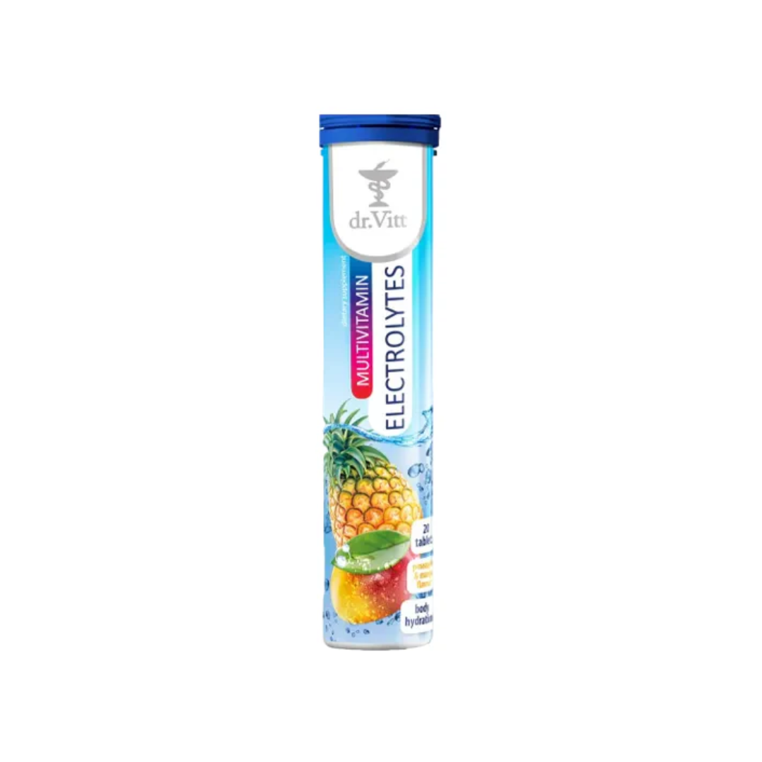 Tube of vitamin and electrolyte supplement with pineapple and fruit illustration on a white background