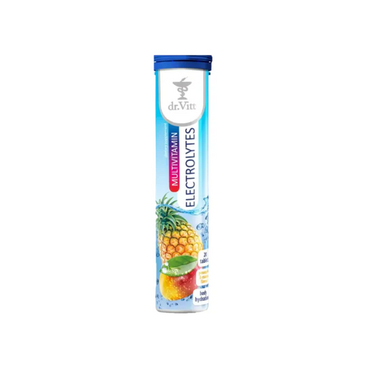 Tube of vitamin and electrolyte supplement with pineapple and fruit illustration on a white background