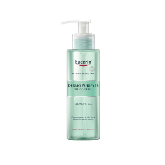 Eucerin DermoPurever cleansing gel bottle on a white background