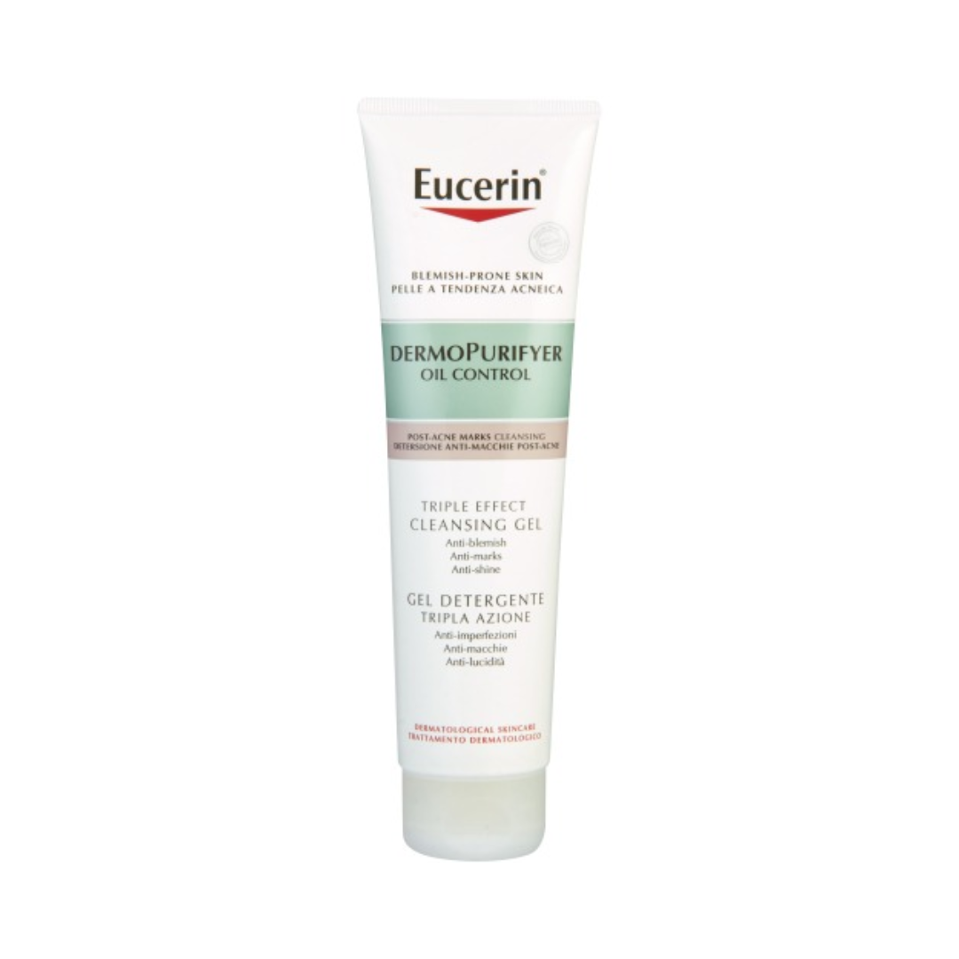 Eucerin Dermopurifyer oil control cleansing gel tube on a white background