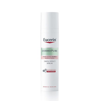 Eucerin Dermo Purifyer Oil Control Triple Effect Serum in a white pump bottle.