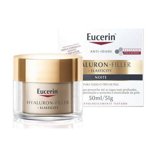 Eucerin Hyaluron-Filler Elasticity night cream jar and packaging on a white background