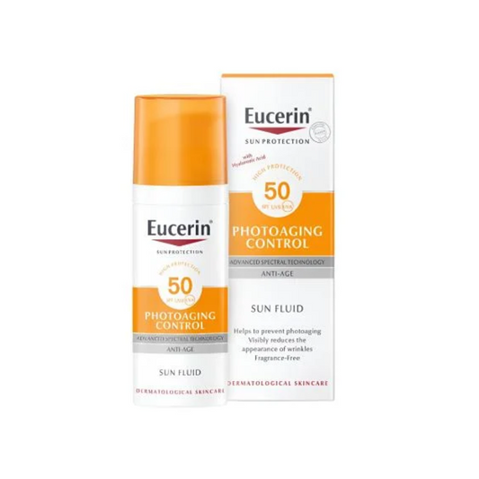 Eucerin sun protection product with bottle and packaging on a white background