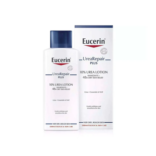 Eucerin UreaRepair Plus lotion bottle and packaging on a white background