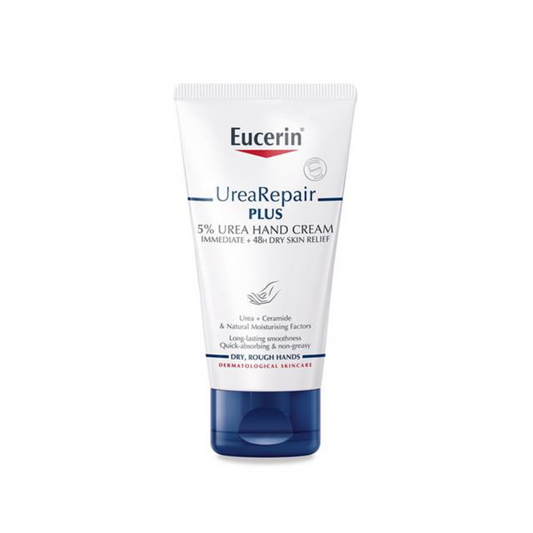 Eucerin UreaRepair Plus hand cream tube on a white background