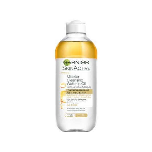 Garnier SkinActive bottle of Micellar Cleansing Water in Oil on a white background