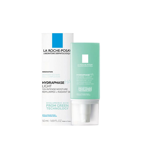 La Roche Posay Hydraphase HA Intense Light skin moisturizer in a pump bottle with packaging, indicating it is a lightweight, radiant, and moisturizing product with hyaluronic acid.