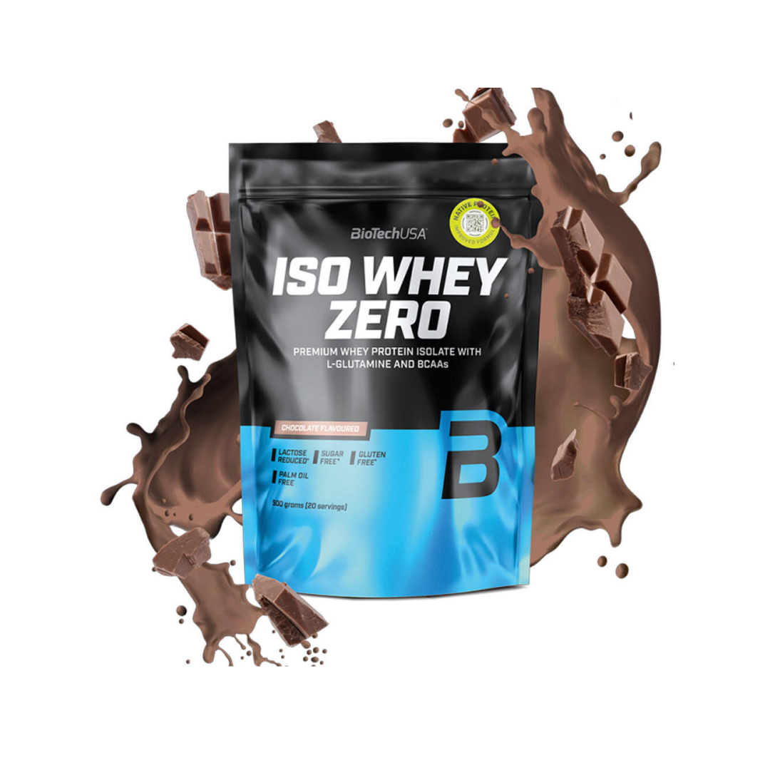 BioTech.SA ISO Whey Zero protein powder pouch with a black and blue design, surrounded by chocolate splashes on a white background.
