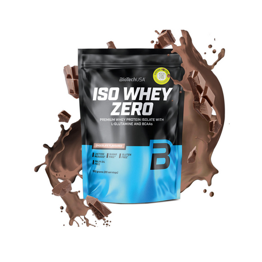 BioTech.SA ISO Whey Zero protein powder pouch with a black and blue design, surrounded by chocolate splashes on a white background.
