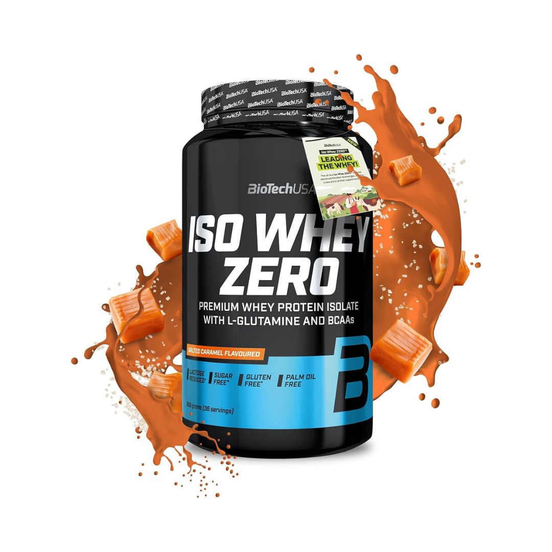 BioTech Labs ISO Whey Zero protein powder tub in a black container with a blue label, surrounded by an orange caramel splash graphic on a white background.