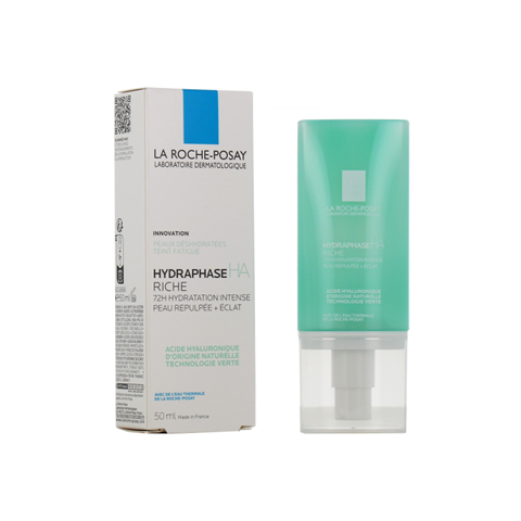 La Roche Posay Hydraphase Intense Riche product packaging and container, a bottle with a pump and a box.