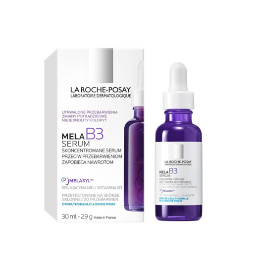 La Roche-Posay Mela B3 serum packaging and bottles on a white background