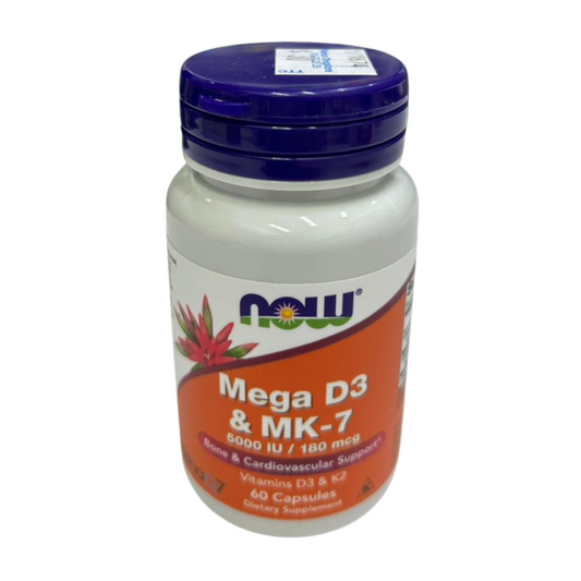 NOW Foods Mega D-3 & MK-7 Vitamin D3 5000 IU and K2 MK-7 capsules bottle