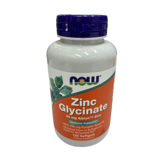 NOW Foods Zinc Glycinate 30 mg Albion Zinc immune support softgels bottle
