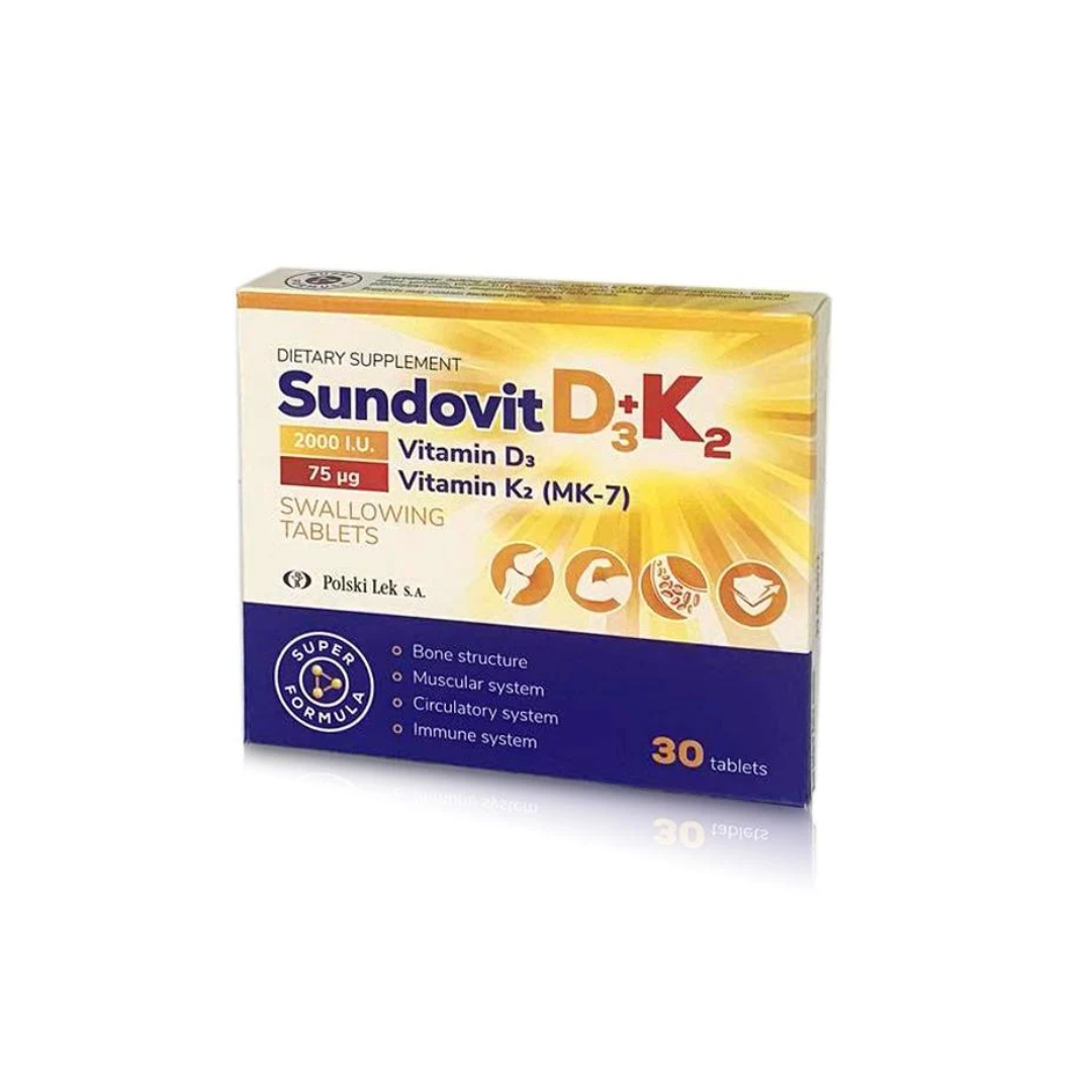 Sundovit Vitamin D3 2000 IU and Vitamin K2 MK-7 75µg dietary supplement, 30 tablets