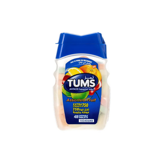 TUMS Extra Strength 750 assorted fruit chewable antacid tablets for heartburn relief
