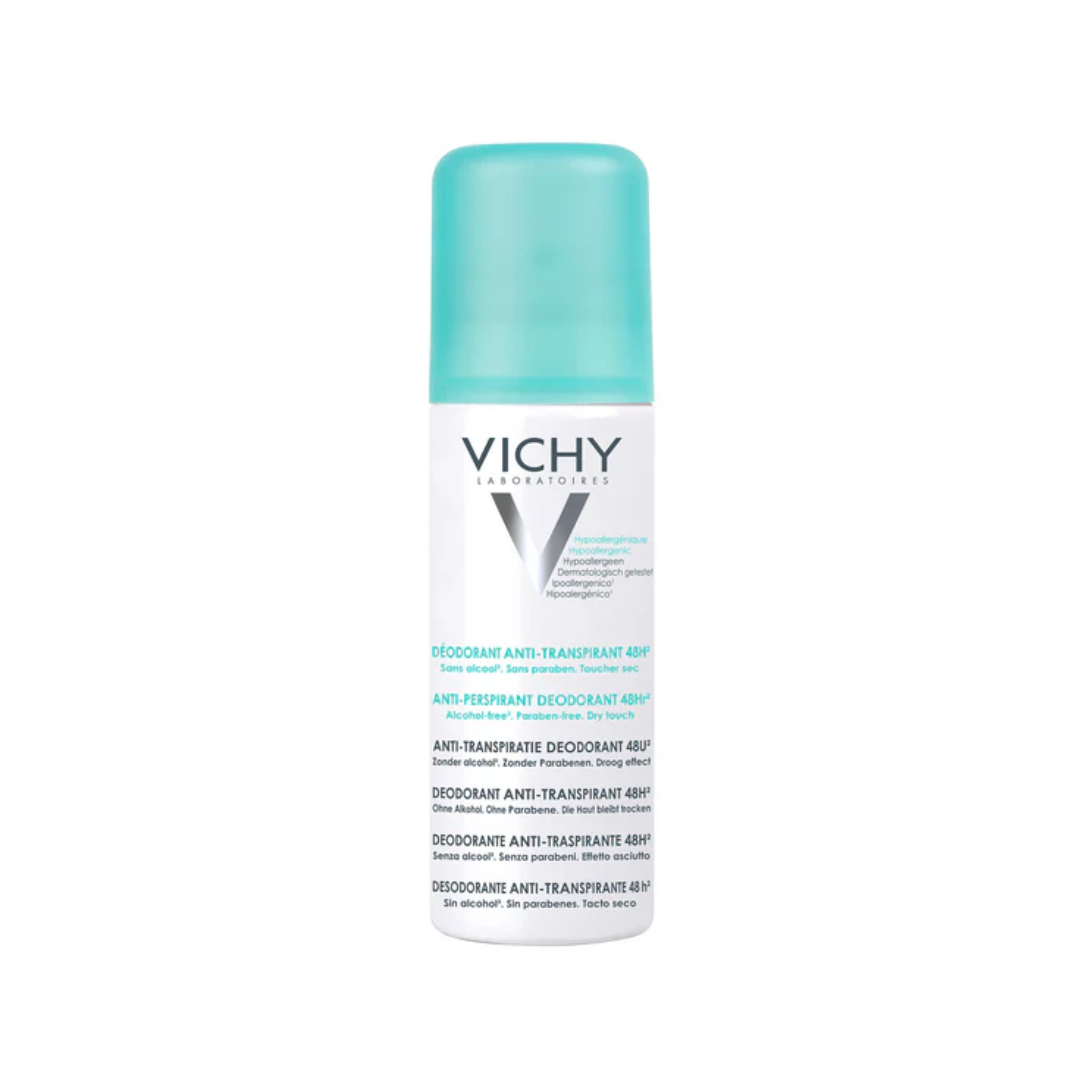 Vichy deodorant spray bottle on a white background