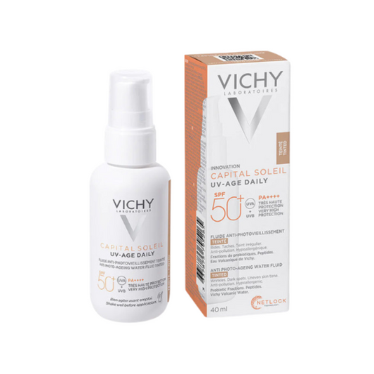 Vichy sunscreen bottle and packaging on a white background