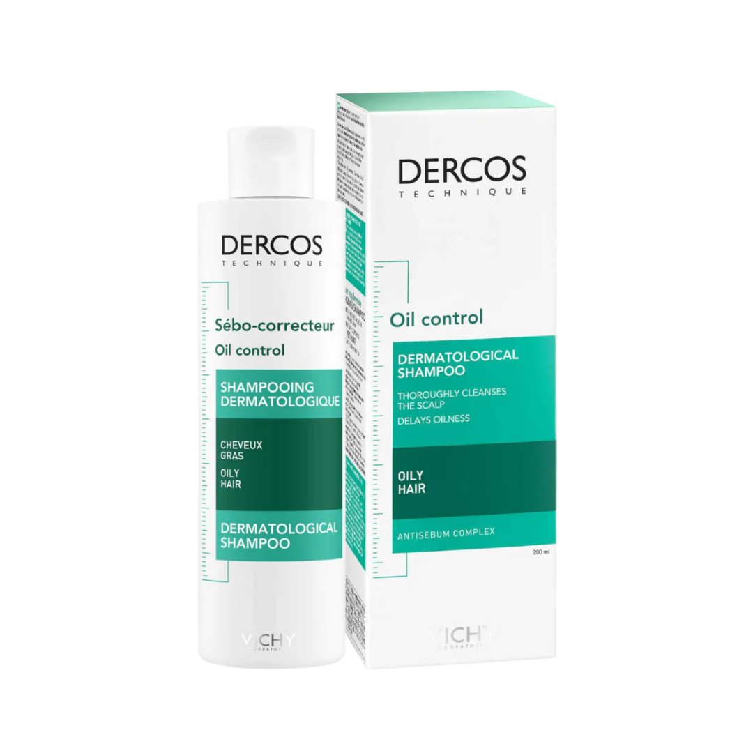 Dercos oil control shampoo bottle and packaging on a white background