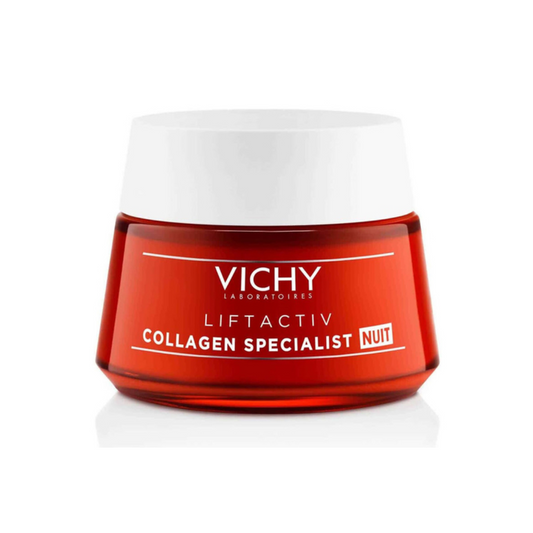Vichy Liftactiv Collagen Specialist Nuit cream jar on a white background
