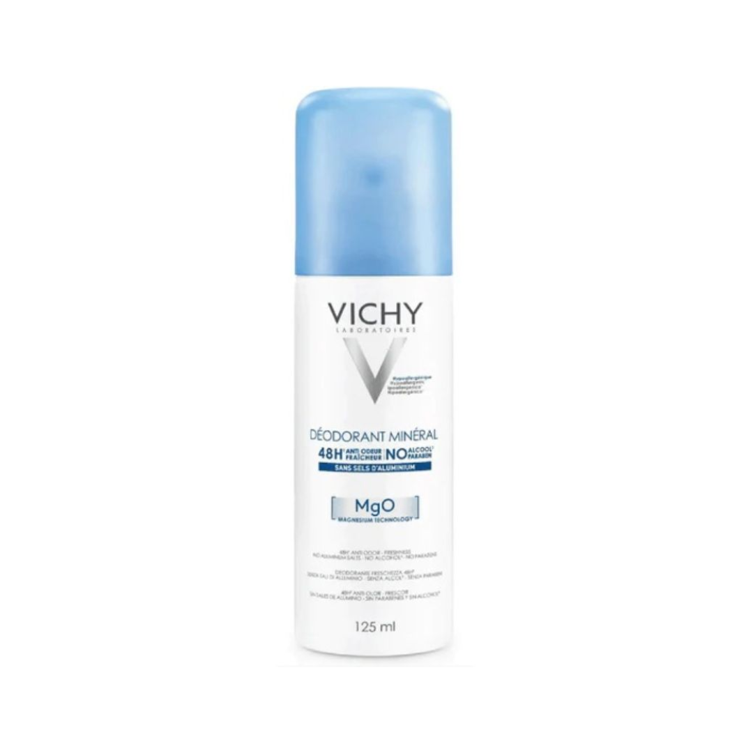 Vichy deodorant bottle on a white background